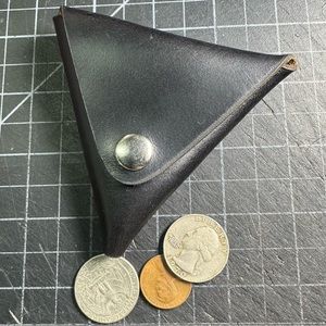 Triangle coin Pouch 3.75” top grain leather smooth black with brown interior